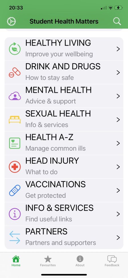 New student health matters app screenshot