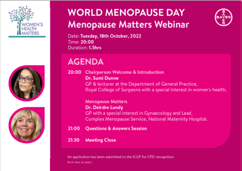 Bayer: 'Menopause Matters' webinar takes place on World Menopause Day, Tuesday, 18th October 2022 at 20.00. 