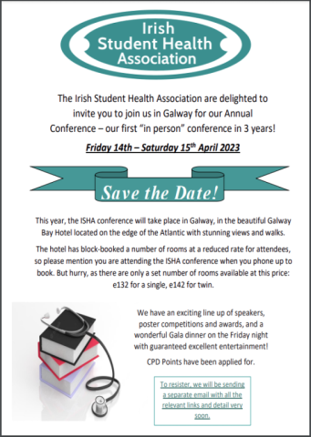 Save the date. ISHA Conference. Friday 14th & Saturday 15th April 2023 at the Galway Bay Hotel.