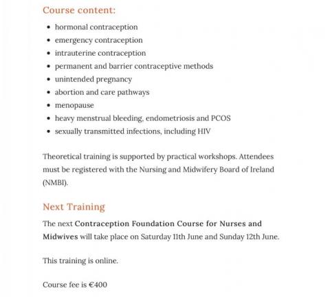 IFPA Contraception Foundation Course for Nurses and Midwives. June 11th and 12th 2022.