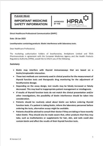 HPRA: Important Safety Information from Amdipharm Limited Ireland and TEVA Pharmaceuticals Ireland regarding Levothyroxine containing products: Biotin interference with laboratory tests.