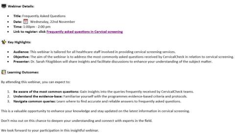 CervicalCheck Webinar. Wednesday 22nd November 2023, 1-2pm.  'Frequently Asked Questions' on Cervical Screening.